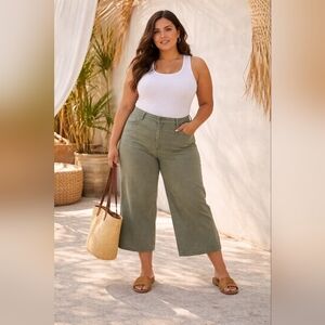 GAP High Rise Wide Leg Crop Pants Plus Size Green Cotton Blend Casual Chic
